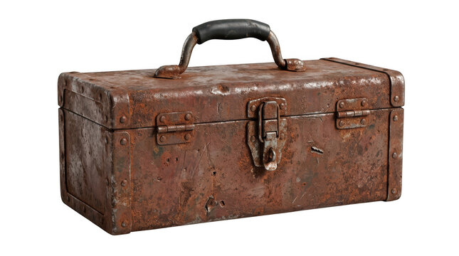 Old rusty metal toolbox with a handle isolated on transparent background