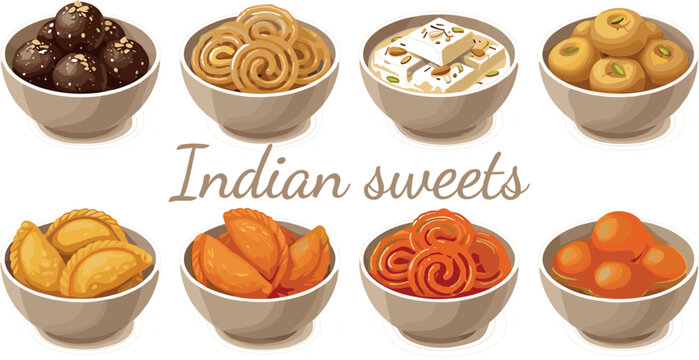 Colorful Illustration of Traditional Indian Sweets Collection Set Served in Bowls on Isolated Background
