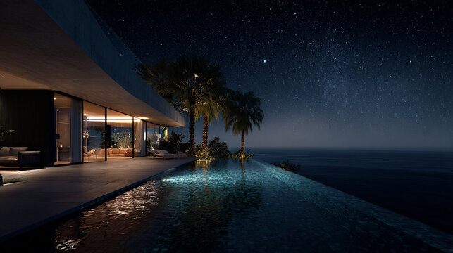 Luxury modern villa with infinity pool overlooking the ocean under starry night