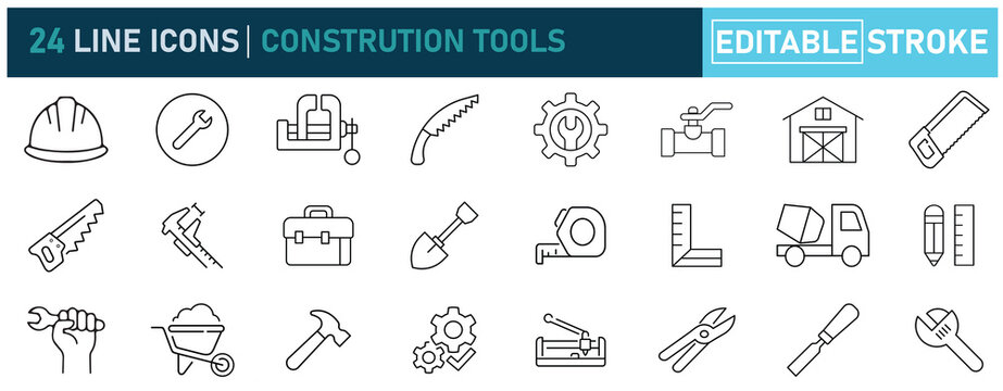 Constrution tools line icons set.Contains to Included  hand tools, hand tools,Builder Tools, drill, paintbrush, and more.  Editable stroke. Vector illustration.