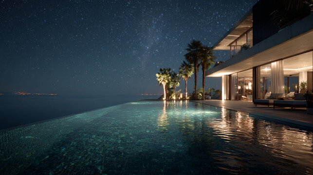 Luxury modern villa with infinity pool overlooking the ocean under starry night sky