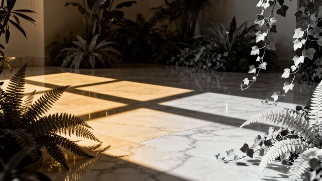 Sunlit marble floor with potted plants