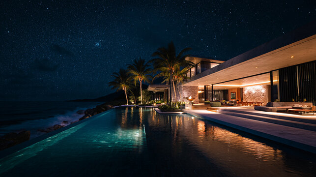 Luxury modern villa with infinity pool overlooking the ocean under a starry night