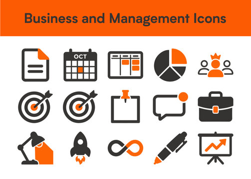 Corporate Strategy Icons Flat orange and charcoal stickers representing agile scrum sprint planning milestones and leadership roles