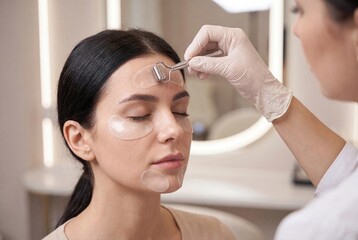 Naklejka premium Close-up of a woman receiving a facial treatment with a dermaroller and eye patches in a beauty salon.