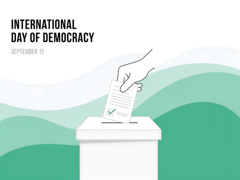 International day of democracy celebration poster with ballot paper and voting box graphic.