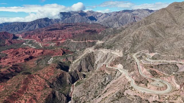Aerial view of winding Route 40 highway through Cuesta de Miranda mountain pass, La Rioja, Argentina.