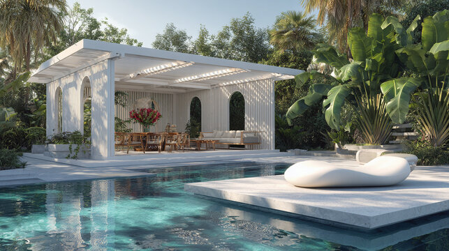 Luxury outdoor patio with pergola and swimming pool in a tropical garden