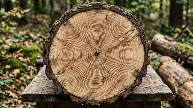 Cross section of tree trunk showing annual rings in forest outdoor natural setting