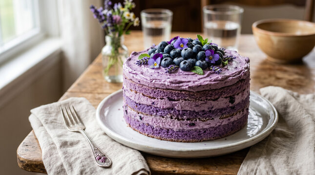 Layered purple lavender cake on wooden table with fresh flowers and natural light