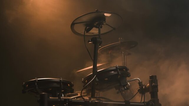 Electronic drum midi kit, Stage, performance and man on drums concert playing jazz, beat music. Man Drummer, musician and creative person percussion, instrument or show at night
