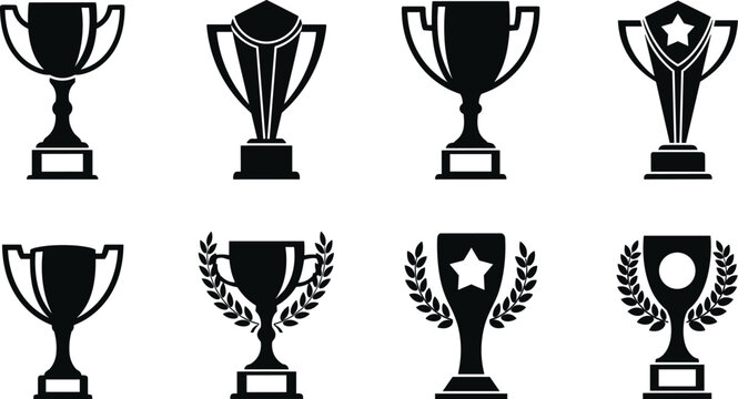 Trophy Cup Black Silhouette Icons Set with Laurel Wreaths and Stars Vector Illustration