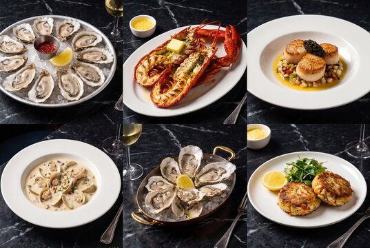 A delicious collage of gourmet seafood dishes including oysters, lobster, scallops, clam chowder, and crab cakes.