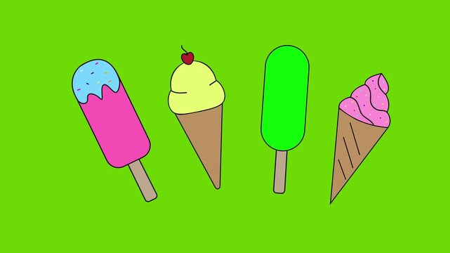 Animated ice cream popsicle cartoon loop on bright green and black background