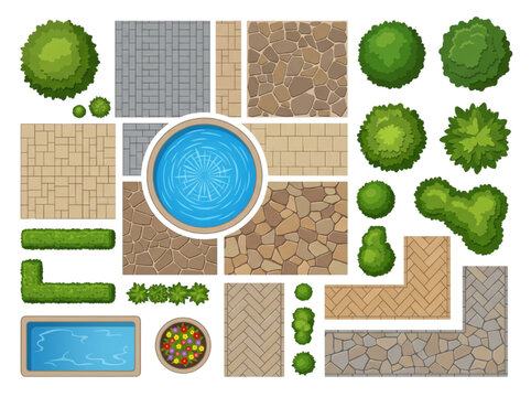Top view landscape design elements vector set with trees, pools, and paving textures for CAD architectural garden plan