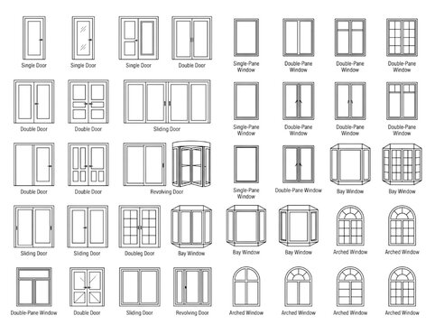 Architectural CAD symbols featuring various door and window types including sliding double and arched frames for professional blueprint and house plan design