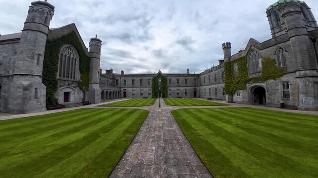 The University of Galway, quadrangle at cloudy sunset in Ireland, amazing architecture and landmark, medieval building