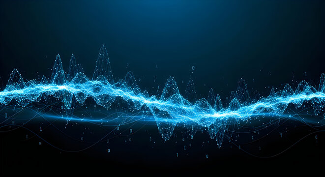 Abstract digital wave visualization featuring glowing blue particles and binary code flowing through a dark complex interconnected mesh network structure