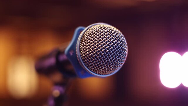 Cinematic close-up of a microphone on stage. Sharp focus on the metal mesh grille with warm and purple stage lighting. Blurred background with bokeh. Perfect for music, concert, and performance