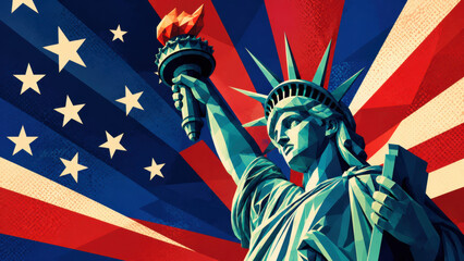 Naklejka premium 11:06 PMClaude responded: Statue of liberty holding torch against bold american flag with stars and stripes in retro poster styleStatue of liberty holding torch against bold american flag with sta