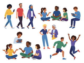 Fototapeta premium Diverse CAD scale people vector characters sitting, walking, running, and talking for architectural representation