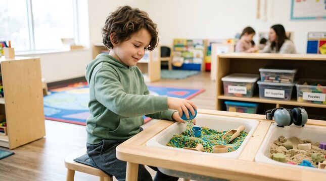 Child playing with sensory bins in classroom setting