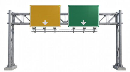 Blank Yellow and Green Highway Overhead Gantry Road Signs with Downward Arrows © Masnoon