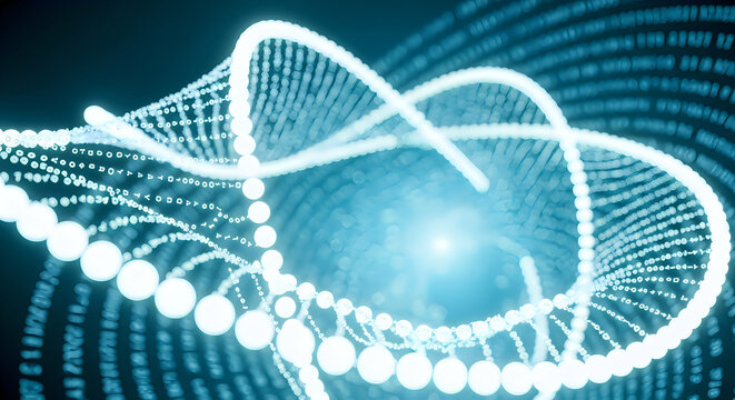 Glowing digital dna strand formed from floating binary code particles in a dark blue abstract environment with soft lighting effects