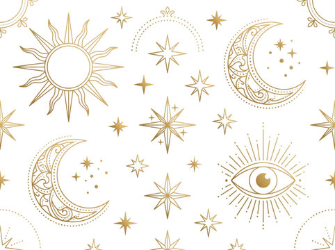 Golden celestial CAD design with sun moon and stars icons for esoteric seamless background and mystic occult mystical pattern vector