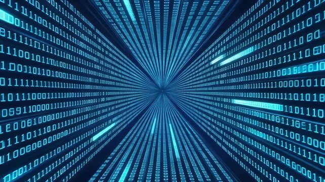 Abstract digital background with binary code tunnel and glowing light 4k video