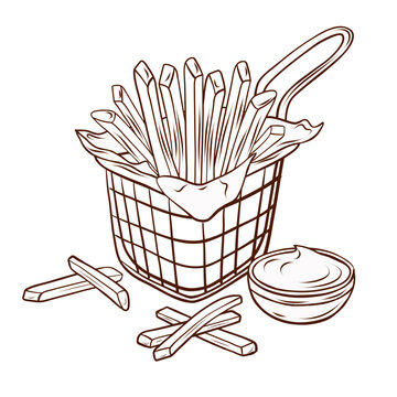 French fries in basket with dipping sauce. Vector illustration in clean hand drawn line art style. Fast food side dish for street food menus, cafe branding, takeaway packaging and advertising design