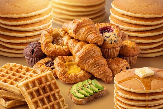 Delicious assortment of breakfast pastries, pancakes, waffles, muffins, and avocado toast.