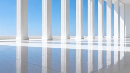 Fototapeta premium White columns and reflective floor under blue sky