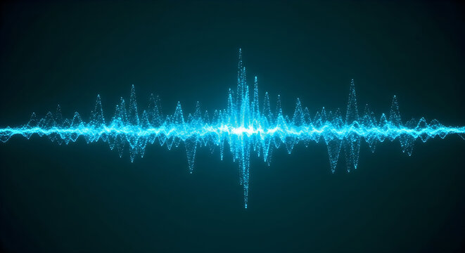 Glowing blue digital sound wave formed by tiny particles creating a dynamic frequency visualization against a dark abstract background setting