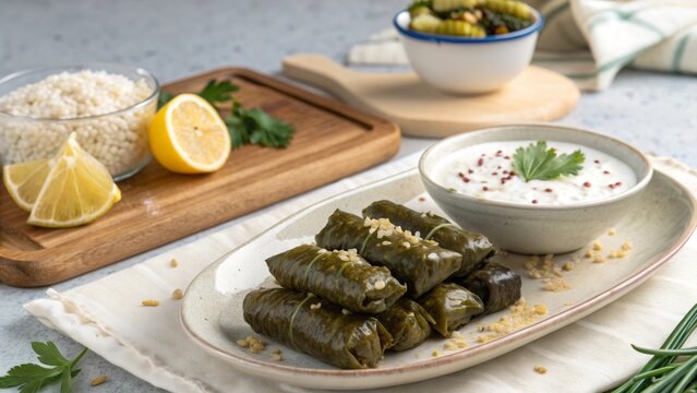 Delicious dolma sarma stuffed grape leaves with rice and yogurt served on a table