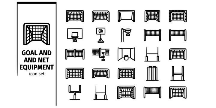 Goal Net Sports Equipment Bold Line Icons-Soccer Goal Hockey Goal Basketball Hoop Volleyball Net Tennis Net Handball Netball Post Rugby-25 Goal Equipment Icon Set Vector