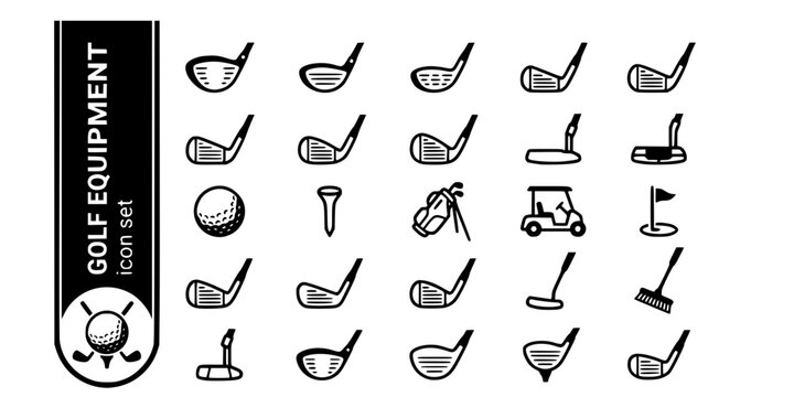 Golf Equipment Complete Bold Line Icons-Driver Fairway Wood Hybrid Iron Wedge Sand Lob Putter Mallet Golf Ball Tee Golf Bag Cart Flagstick-25 Golf Equipment Icon Set Vector