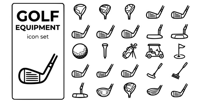 Golf Equipment Complete Bold Line Icons-Driver Fairway Wood Hybrid Iron Wedge Sand Lob Putter Mallet Golf Ball Tee Golf Bag Cart Flagstick-25 Golf Equipment Icon Set Vector