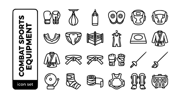 Combat Sports Equipment Bold Line Icons-Boxing Gloves Speed Bag Heavy Bag Punch Mitts Head Guard Mouthguard Wrestling Mat Judo Gi MMA-25 Combat Equipment Icon Set Vector