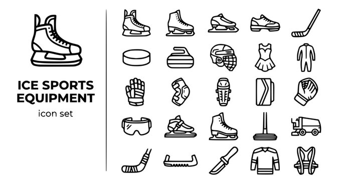 Ice Sports Equipment Bold Line Icons-Ice Hockey Skate Figure Skate Speed Skate Curling Stone Hockey Stick Puck Goalie Blocker Glove Helmet-25 Ice Sports Equipment Icon Set Vector