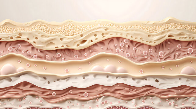 A clear vector infographic diagram of the cellulite formation mechanism. Cross-section of human skin.