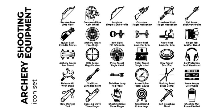 Archery Shooting Equipment Bold Line Icons-Recurve Bow Compound Longbow Crossbow Arrow Quiver Target Sight Rest Bracer Rifle Pistol Clay Pigeon-25 Archery Equipment Icon Set Vector