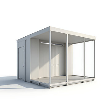 Modern minimalist outdoor cabin with glass walls and wooden floor  