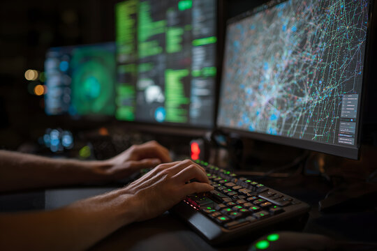 Analyst Hands Typing on Backlit Mechanical Keyboard, Dark Workspace Multiple Monitors Green Code Network Graphs, Cinematic