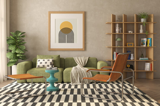 Mid century style conceptual dopamine interior room