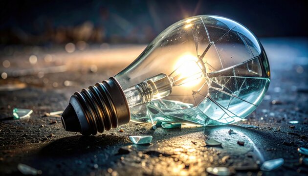 A cracked incandescent lightbulb with glowing filament lies on a textured surface, symbolizing a brilliant but broken idea or concept.