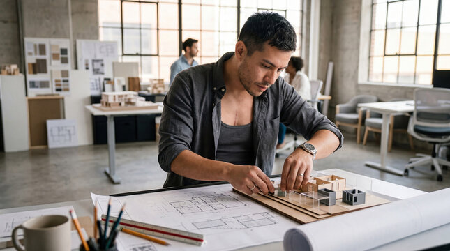 Transgender male Latino architect with surgery scar working on a scale model and blueprints in a modern professional design studio