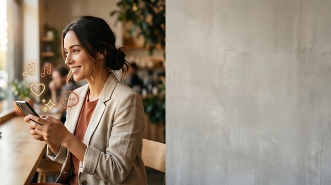 Woman enjoying social media on smartphone with emojis