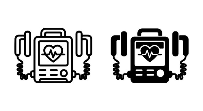 Defibrillator Icon Set, Medical Equipment Vector Graphics, Emergency Heart Device Symbols, Cardiology Technology Illustrations