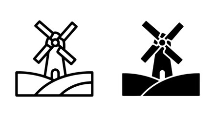 Windmill Icon Set, Rural Landscape Silhouette, Agricultural Building Vector Graphics, Farm Industry Symbols, Black and White Outline and Filled Styles © Sadia